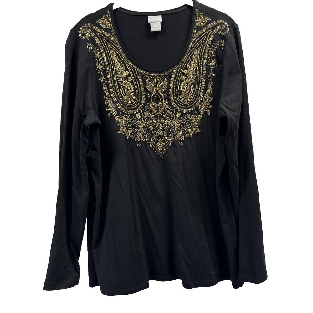 Chicos Women's Top Size Large Black Gold Beads Stretch‎ Long Sleeve Metallic